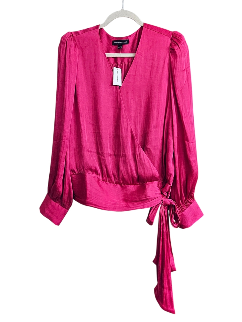 Banana Republic Fushia Pink Satin Balloon Sleeve Tie Waist Wrap Top Small